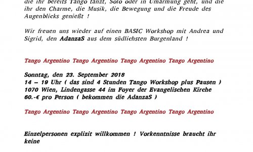 Herzliche Einladung zum Tango-Workshop am 23.9. von 14-19 Uhr, 60 Euro, Auferstehungskirche, Lindengasse 44a